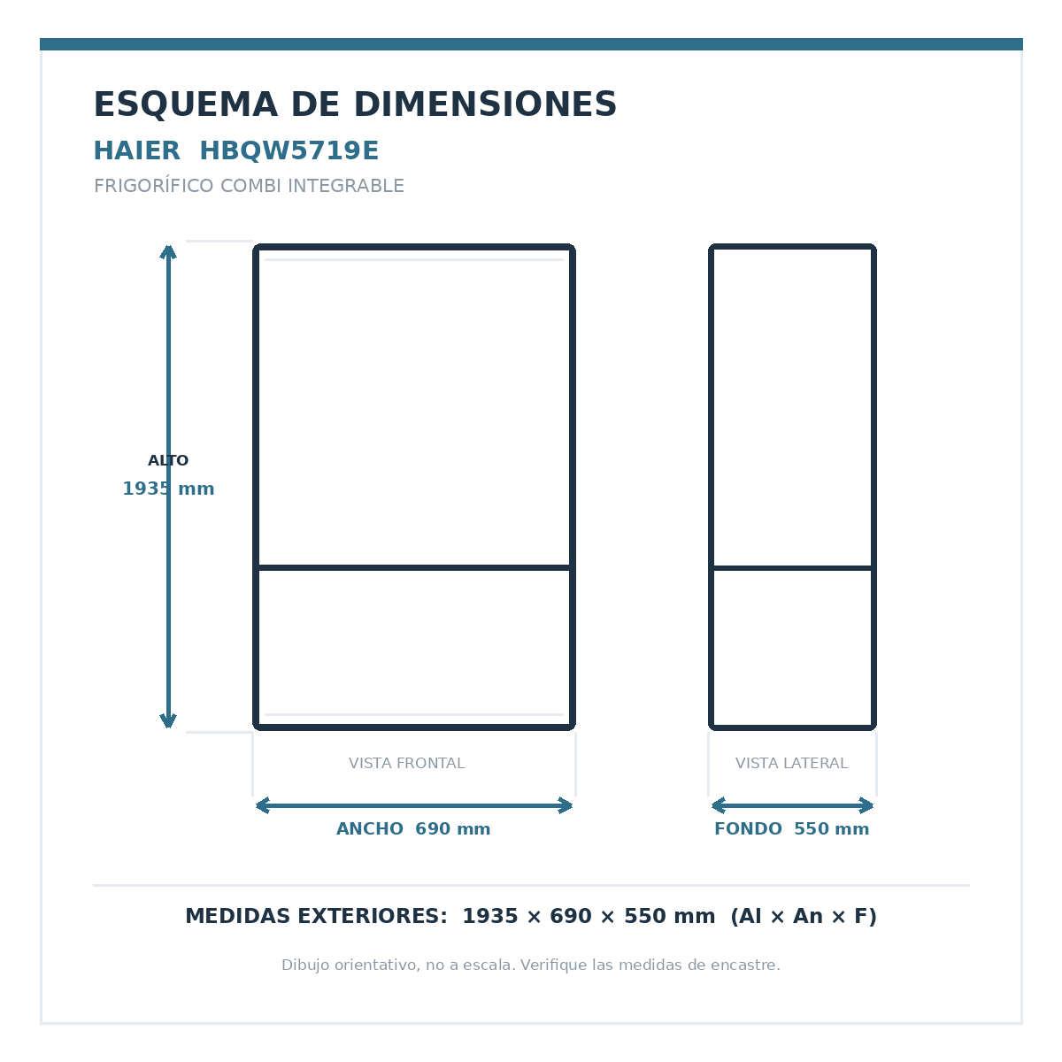 Esquema orientativo de medidas del frigorífico integrable Haier HBQW5719E: 1935 mm alto, 690 mm ancho y 550 mm fondo; no a escala.