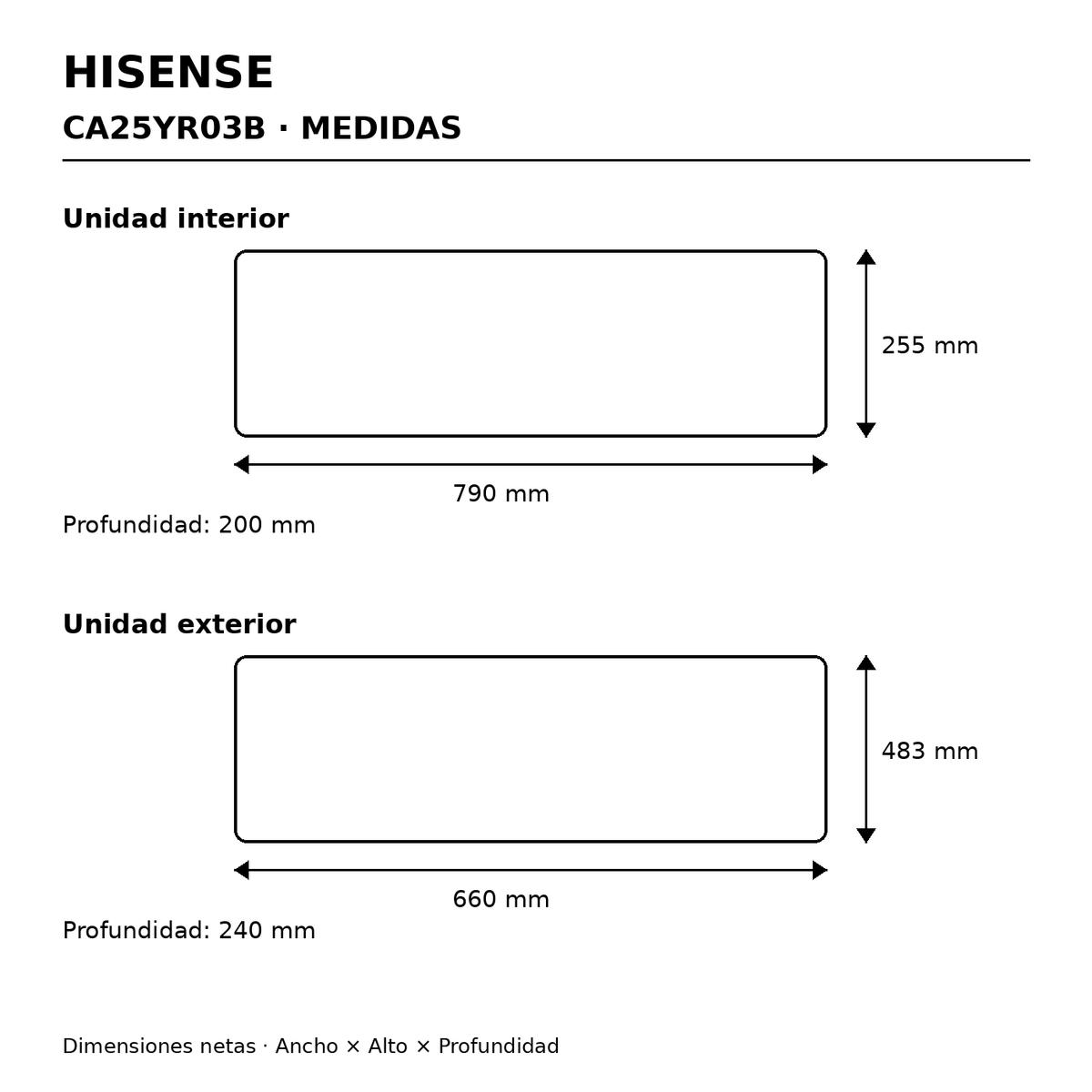 Medidas del aire acondicionado Hisense CA25YR03B – unidad interior y exterior