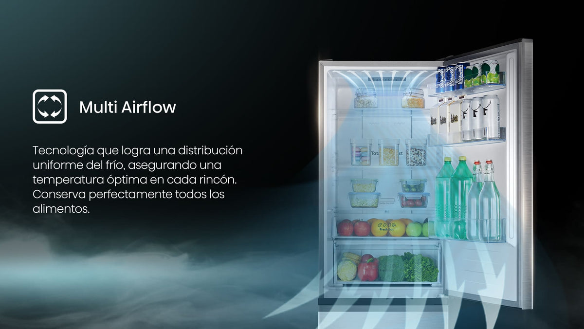 Interior frigorífico Hisense RB3N300NECA con puertas abiertas y tecnología Multi Airflow