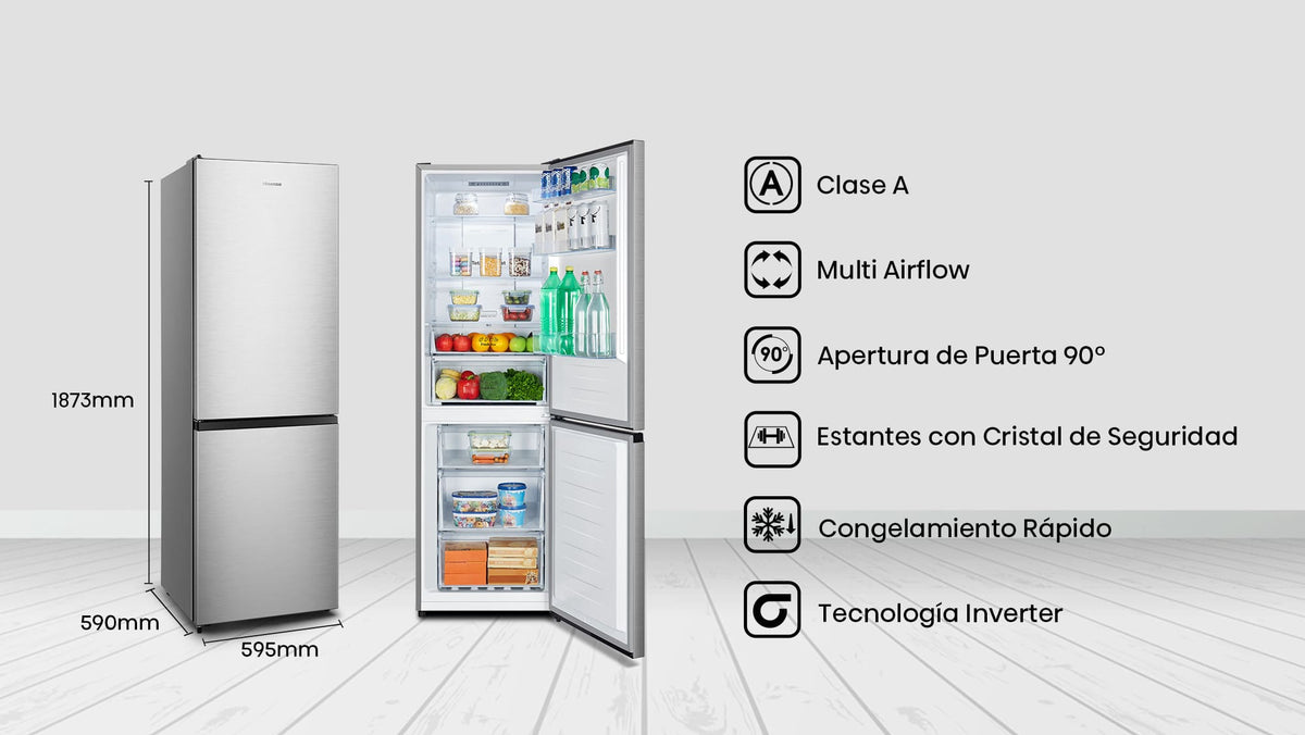 Dimensiones oficiales Hisense RB3N300NECA: alto 1873 mm, ancho 595 mm y fondo 590 mm