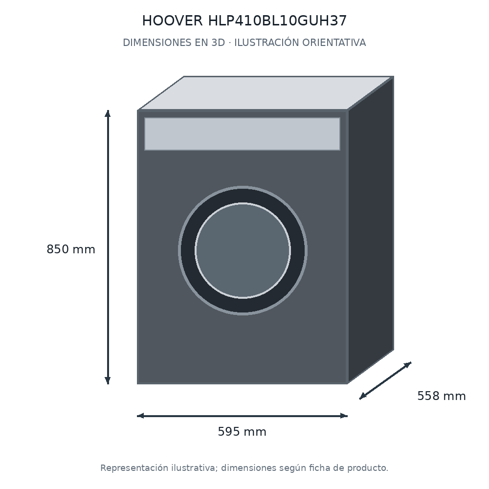 Esquema tridimensional de medidas para HOOVER HLP410BL10GUH37, con ancho, alto y profundidad