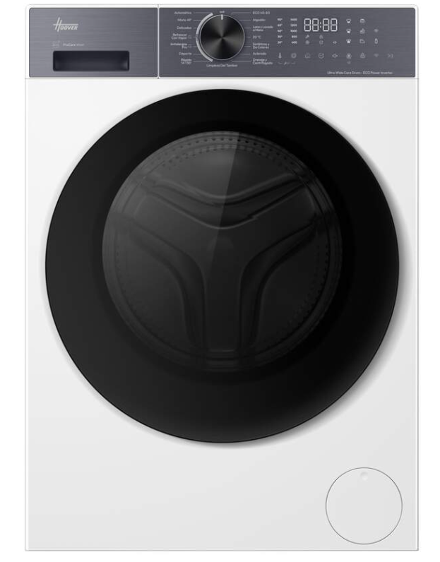 Lavadora Hoover HLP410BL10GUH37 de 10 kg y 1400 rpm, vista frontal con puerta cerrada