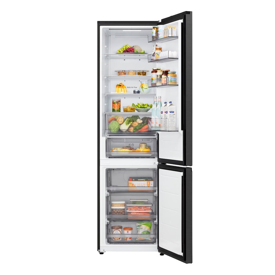 Interior abierto de LG GBBSJ20EEP, refrigerador y cajones del congelador