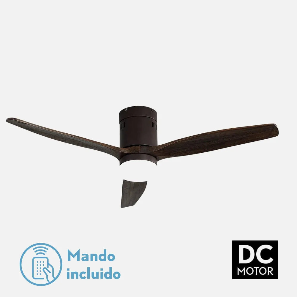 Ventilador de techo DC Aguilón 132 cm con luz LED de FABRILAMP en color marrón/roble – vista de detalle