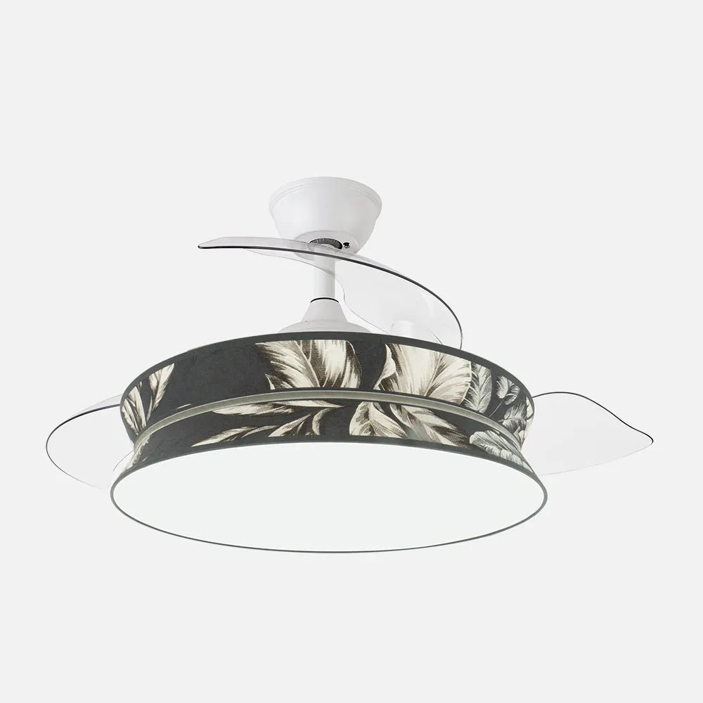 Ventilador de techo DC Decor 108 cm con aspas retráctiles y luz LED de FABRILAMP en color blanco/estampado oscuro