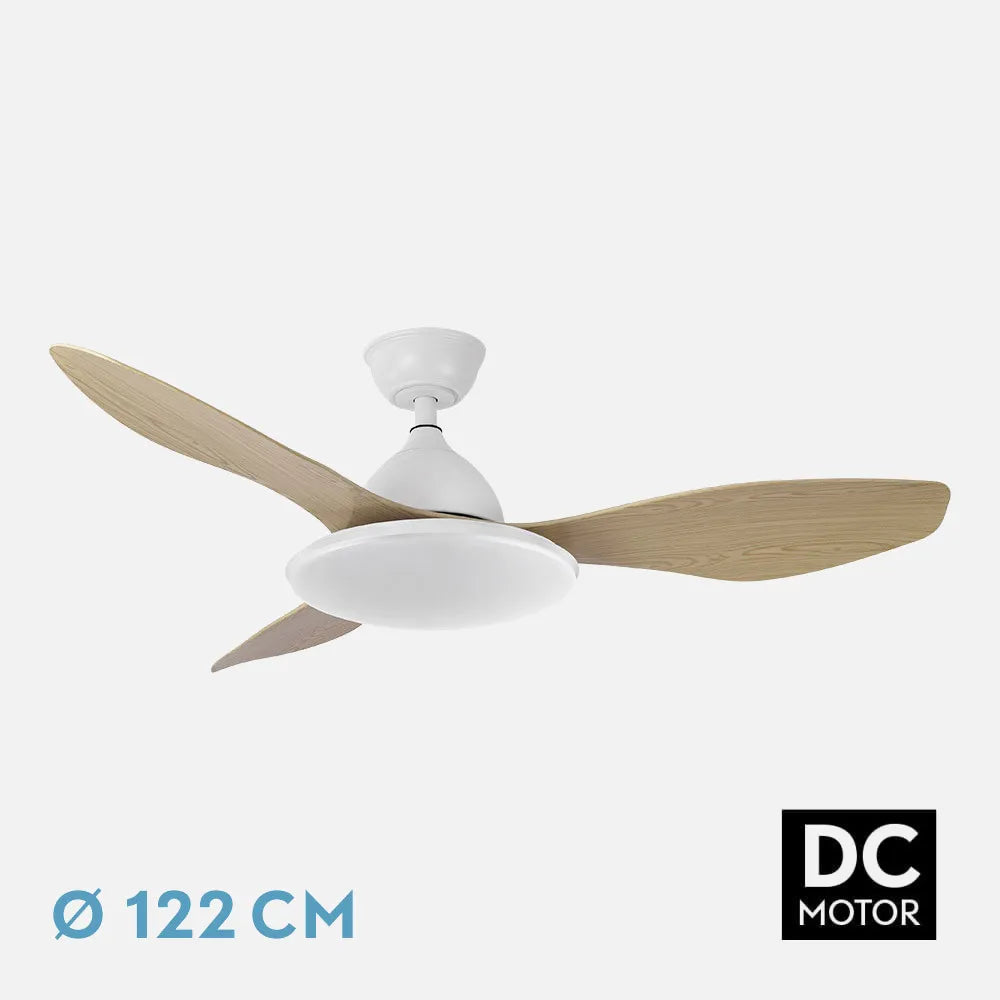 Ventilador de techo DC Yael 122 cm con luz LED de FABRILAMP en color blanco/haya – vista de detalle