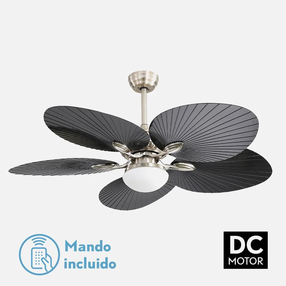 Ventilador de techo DC Chaw 132 cm con luz LED de FABRILAMP en color níquel/negro – vista de detalle