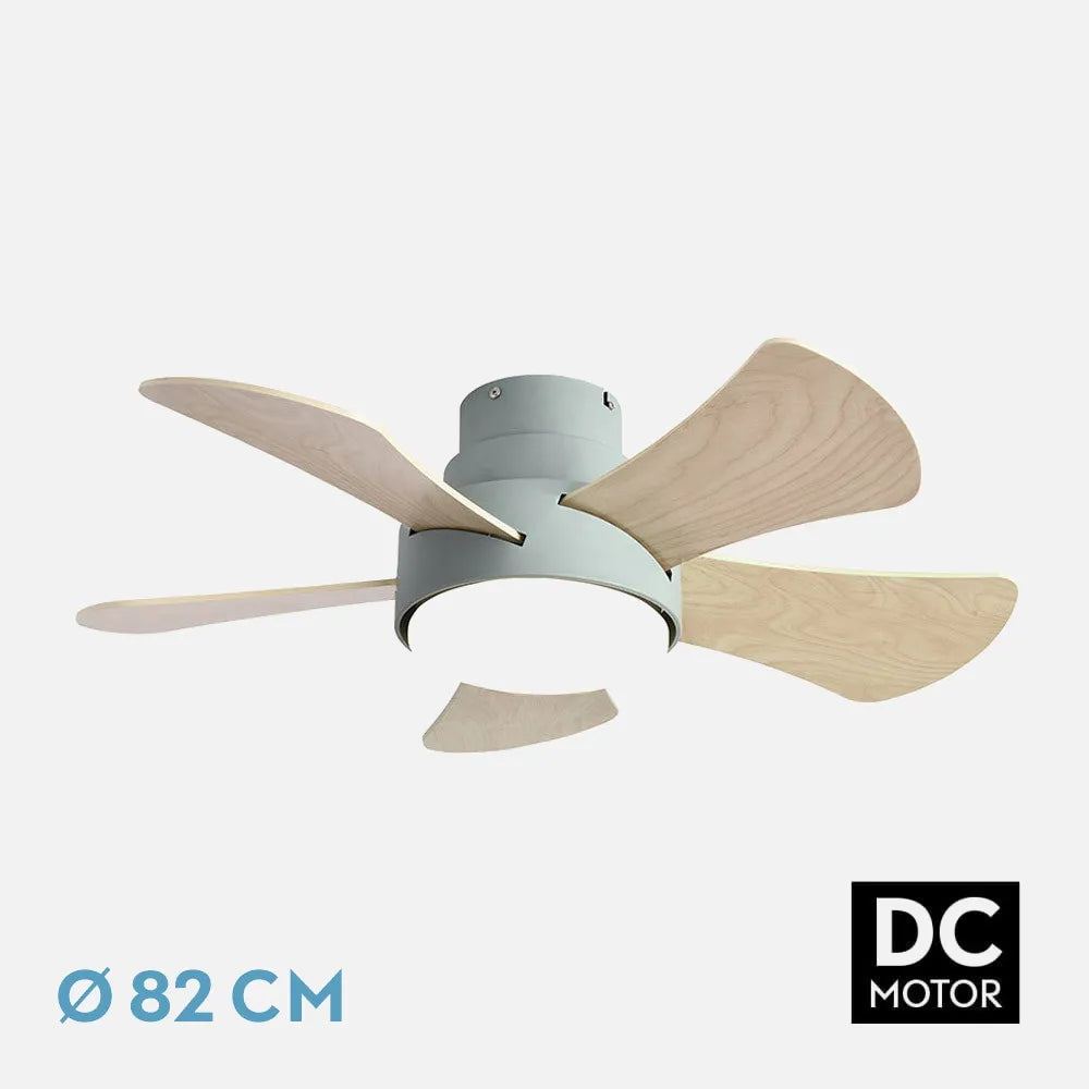 Ventilador de techo DC Gregario 82 cm con luz LED de FABRILAMP en color verde/blanco-verde/haya