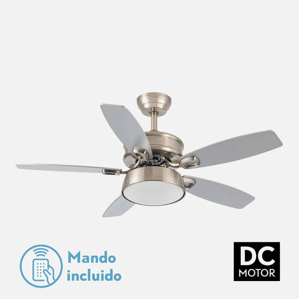 Ventilador de techo DC Braw 106 cm con luz LED de FABRILAMP en color níquel/haya – níquel/plata – vista de detalle
