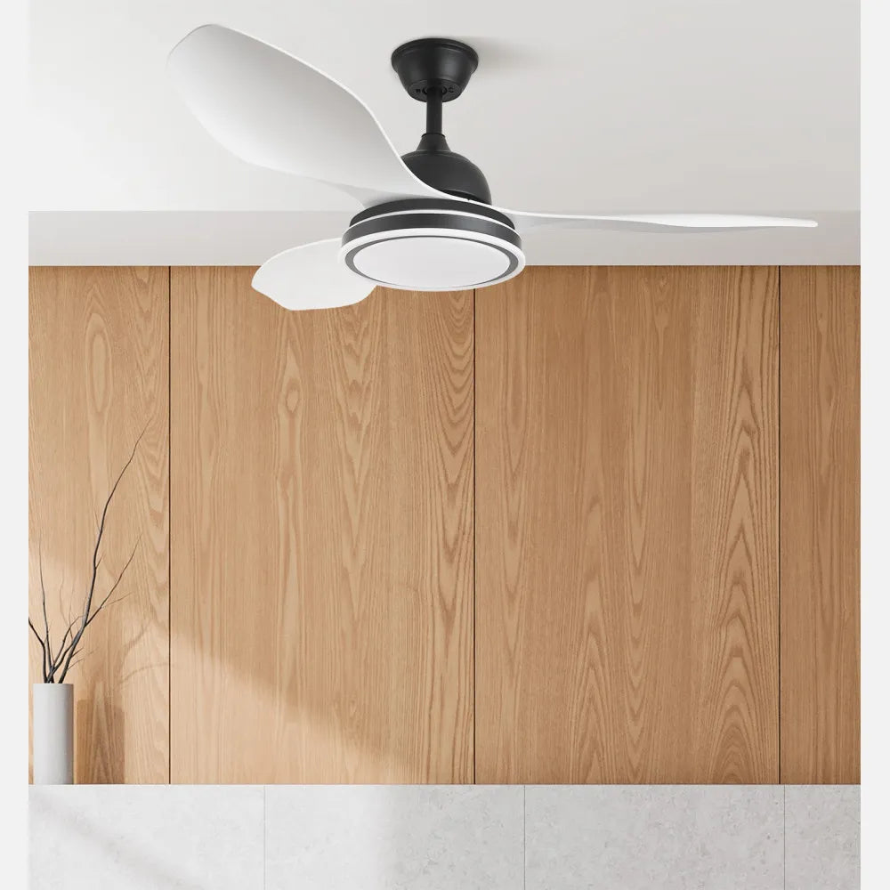 Ventilador de techo DC Datoo 122 cm con luz LED de FABRILAMP en color negro/blanco – vista de detalle