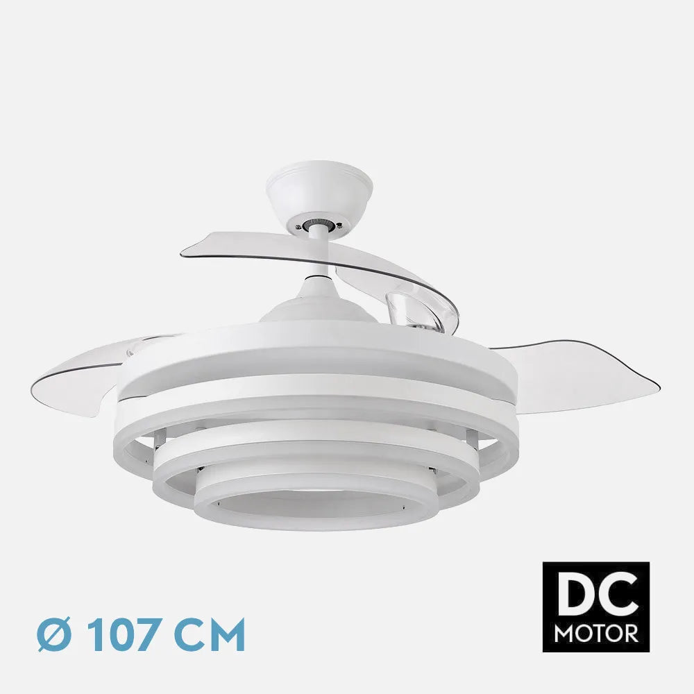 Ventilador de techo DC Kai 107 cm con aspas retráctiles y luz LED de FABRILAMP en color blanco – vista de detalle