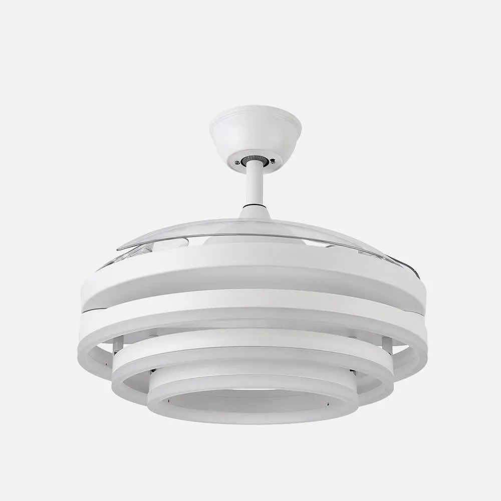 Ventilador de techo DC Kai 107 cm con aspas retráctiles y luz LED de FABRILAMP en color blanco – vista de detalle