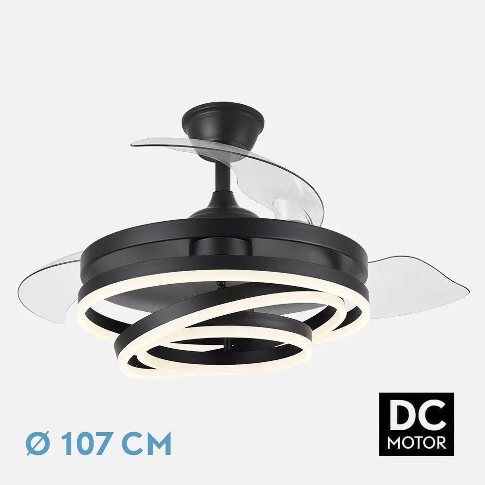 Ventilador de techo DC Kai 107 cm con aspas retráctiles y luz LED de FABRILAMP en color negro – vista de detalle
