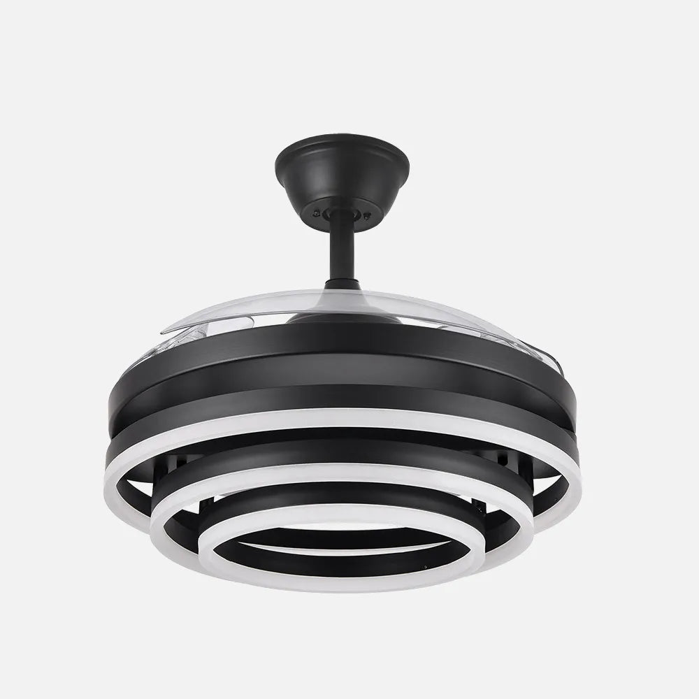 Ventilador de techo DC Kai 107 cm con aspas retráctiles y luz LED de FABRILAMP en color negro – vista de detalle