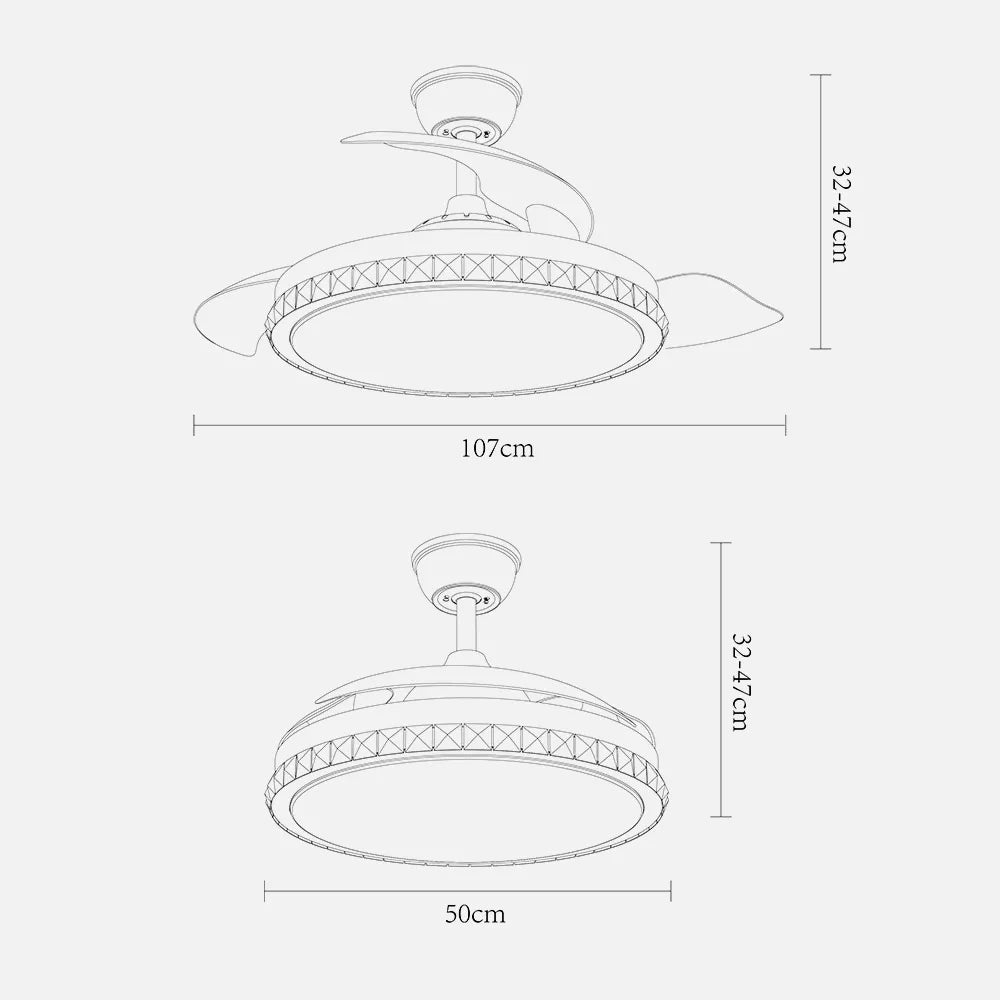 Ventilador de techo DC Biliku 107 cm con aspas retráctiles y luz LED de FABRILAMP en color níquel – vista de detalle