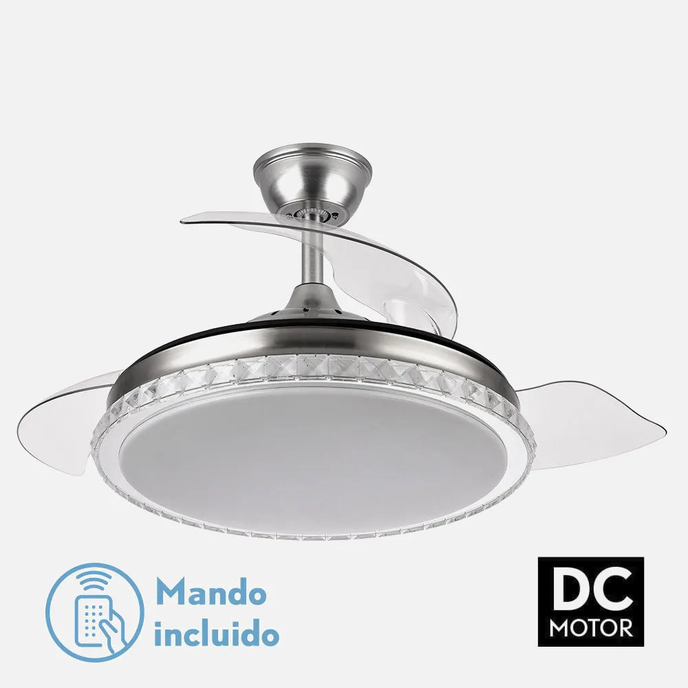 Ventilador de techo DC Biliku 107 cm con aspas retráctiles y luz LED de FABRILAMP en color níquel – vista de detalle