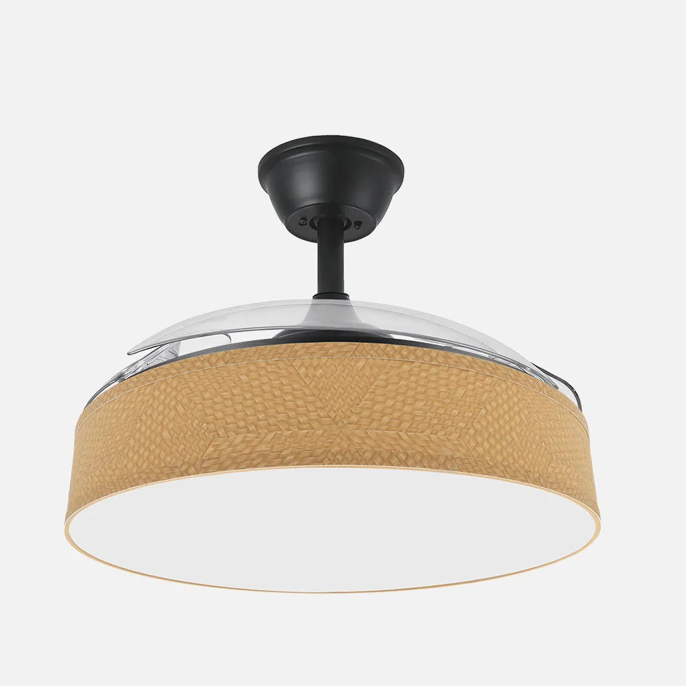 Ventilador de techo DC Boga 108 cm con aspas retráctiles y luz LED de FABRILAMP en color negro/amarillo – vista de detalle