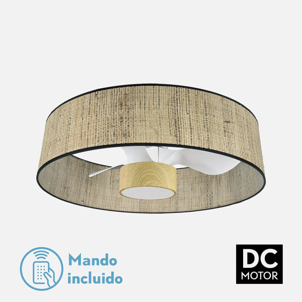 Ventilador de techo tipo plafón DC Natasha 70 cm con luz LED de FABRILAMP en color cañizo/blanco-haya – vista de detalle