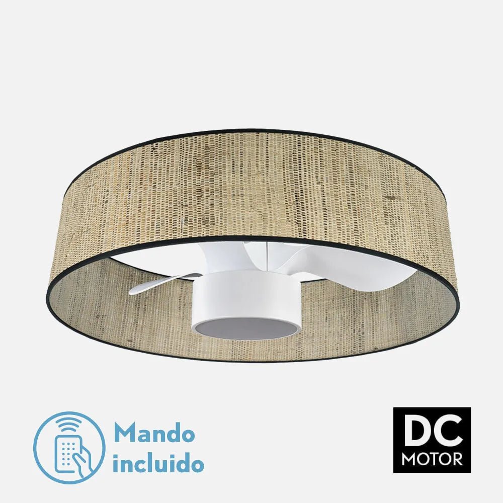 Ventilador de techo tipo plafón DC Natasha 70 cm con luz LED de FABRILAMP en color cañizo/blanco – vista de detalle