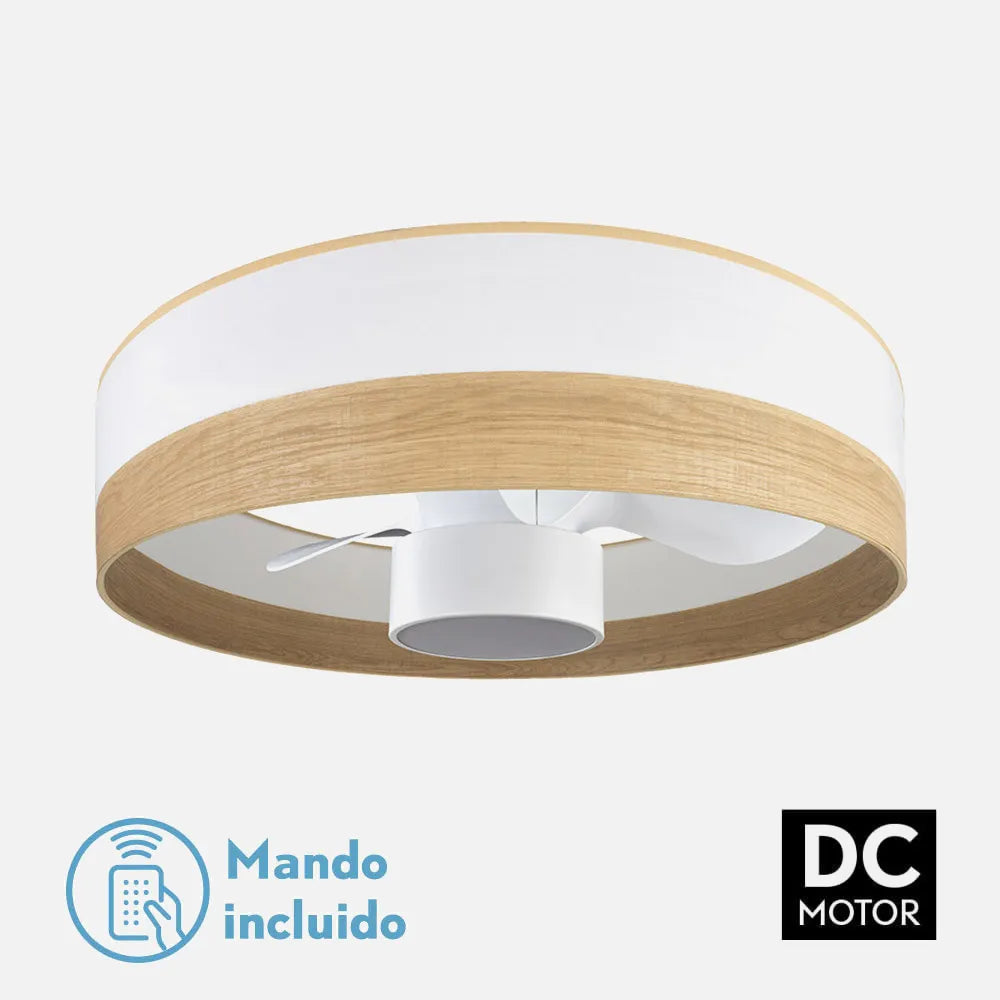 Ventilador de techo tipo plafón DC Olga 70 cm con luz LED de FABRILAMP en color blanco/madera clara-blanco – vista de detalle