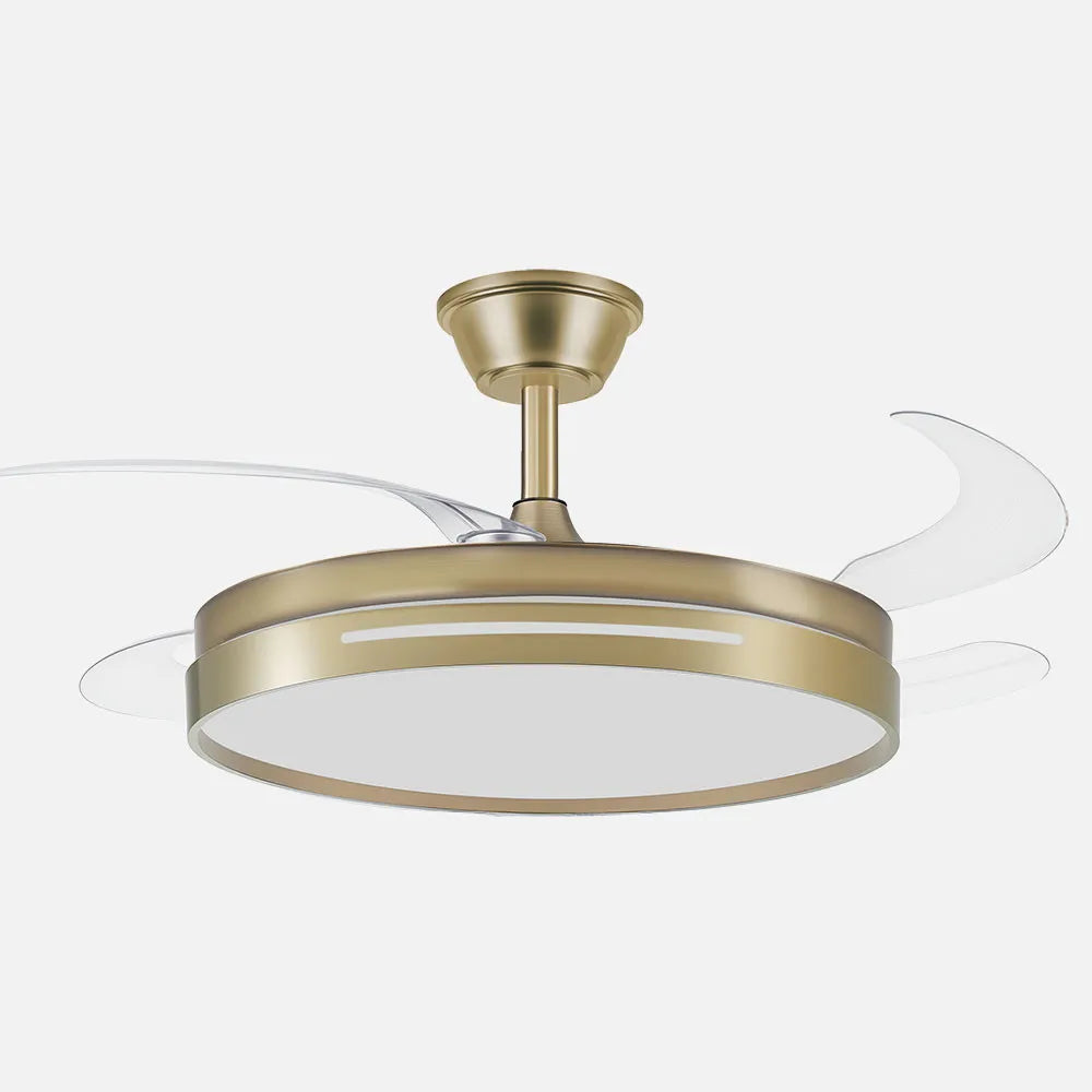 Ventilador de techo DC Micenas 106 cm con aspas retráctiles y luz LED de FABRILAMP en color cuero