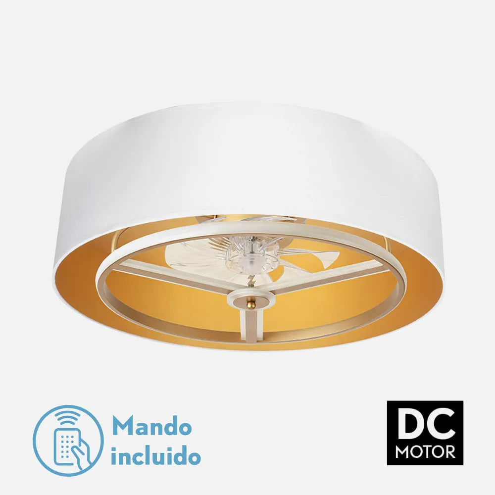 Ventilador de techo tipo plafón DC Anuska 70 cm con luz LED de FABRILAMP en color blanco/oro-oro – vista de detalle