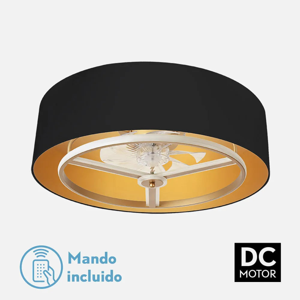 Ventilador de techo tipo plafón DC Anuska 70 cm con luz LED de FABRILAMP en color negro/oro-oro – vista de detalle