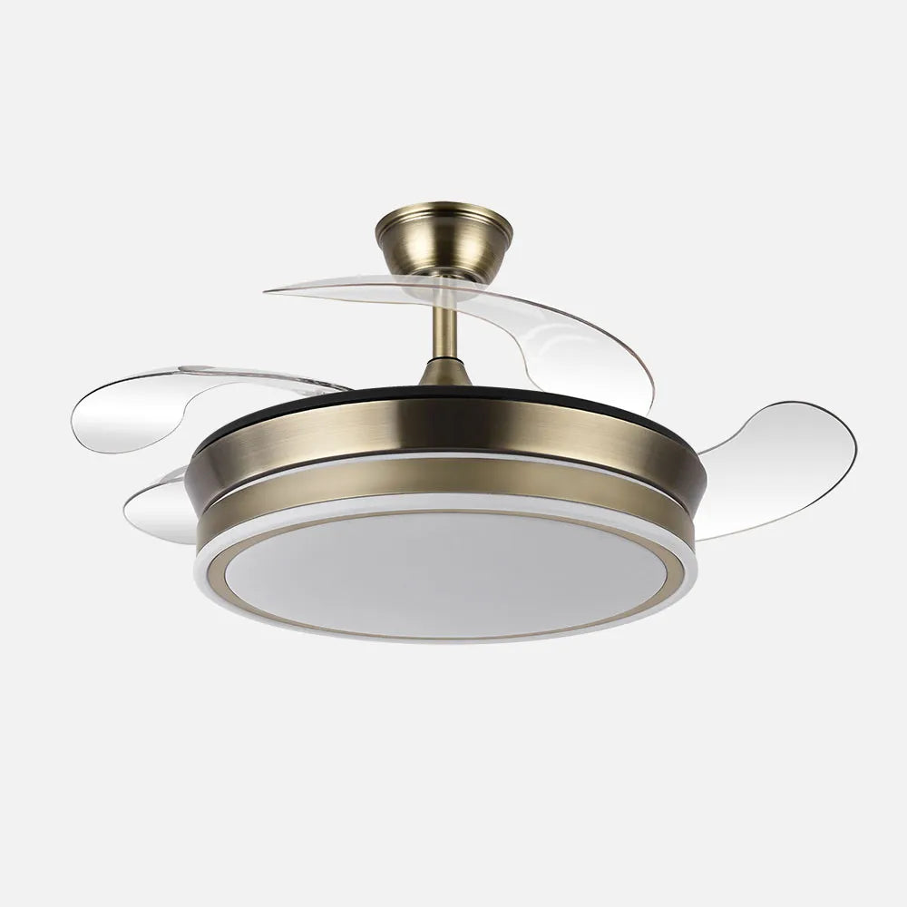 Ventilador de techo DC Bayomo 91 cm con aspas retráctiles y luz LED de FABRILAMP en color cuero