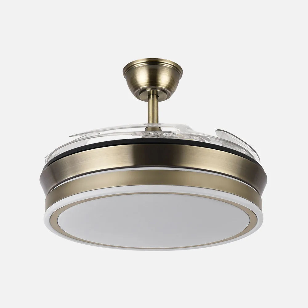 Ventilador de techo DC Bayomo 91 cm con aspas retráctiles y luz LED de FABRILAMP en color cuero – vista de detalle