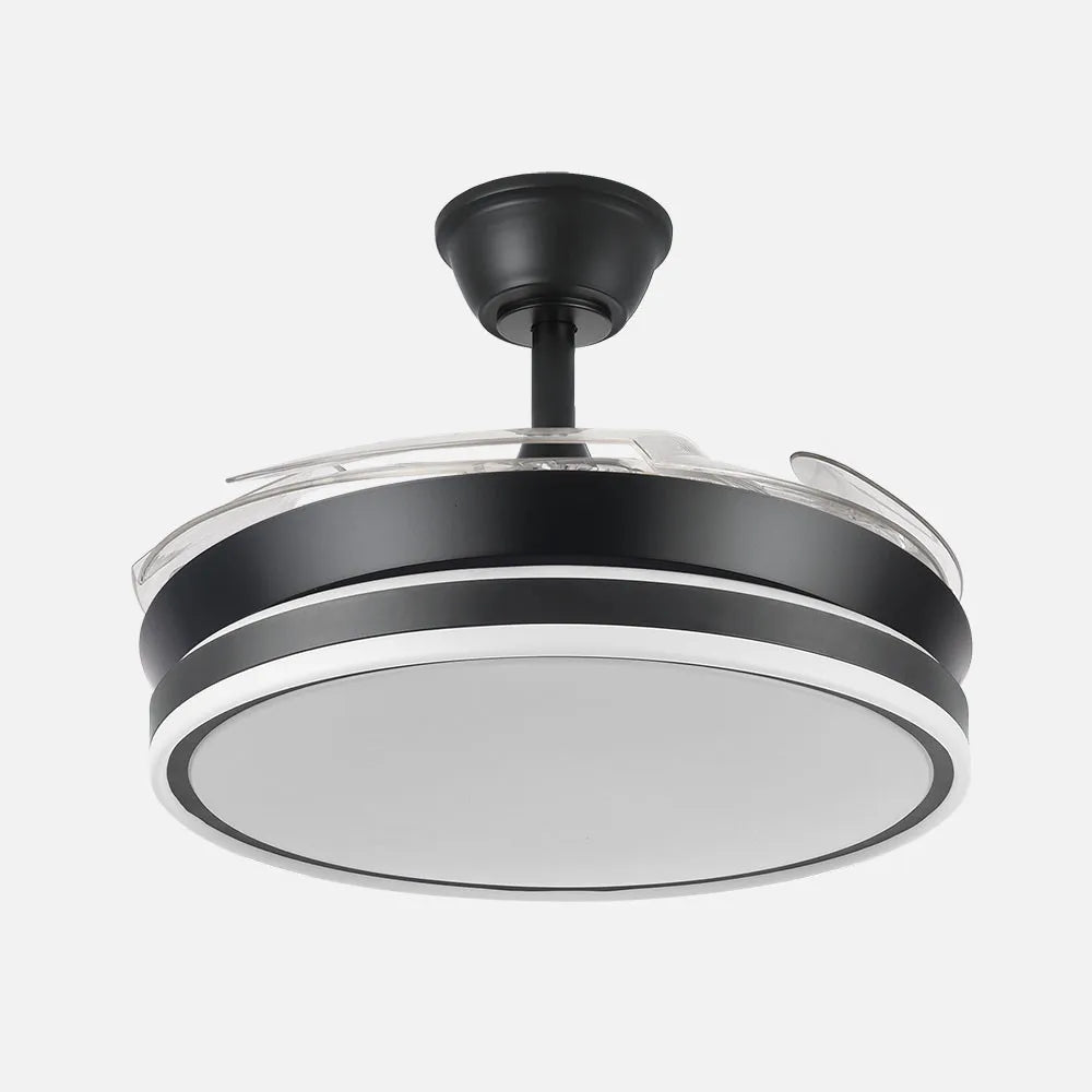 Ventilador de techo DC Bayomo 91 cm con aspas retráctiles y luz LED de FABRILAMP en color negro – vista de detalle