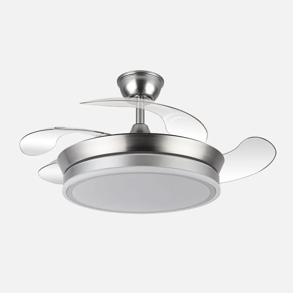 Ventilador de techo DC Bayomo 91 cm con aspas retráctiles y luz LED de FABRILAMP en color níquel