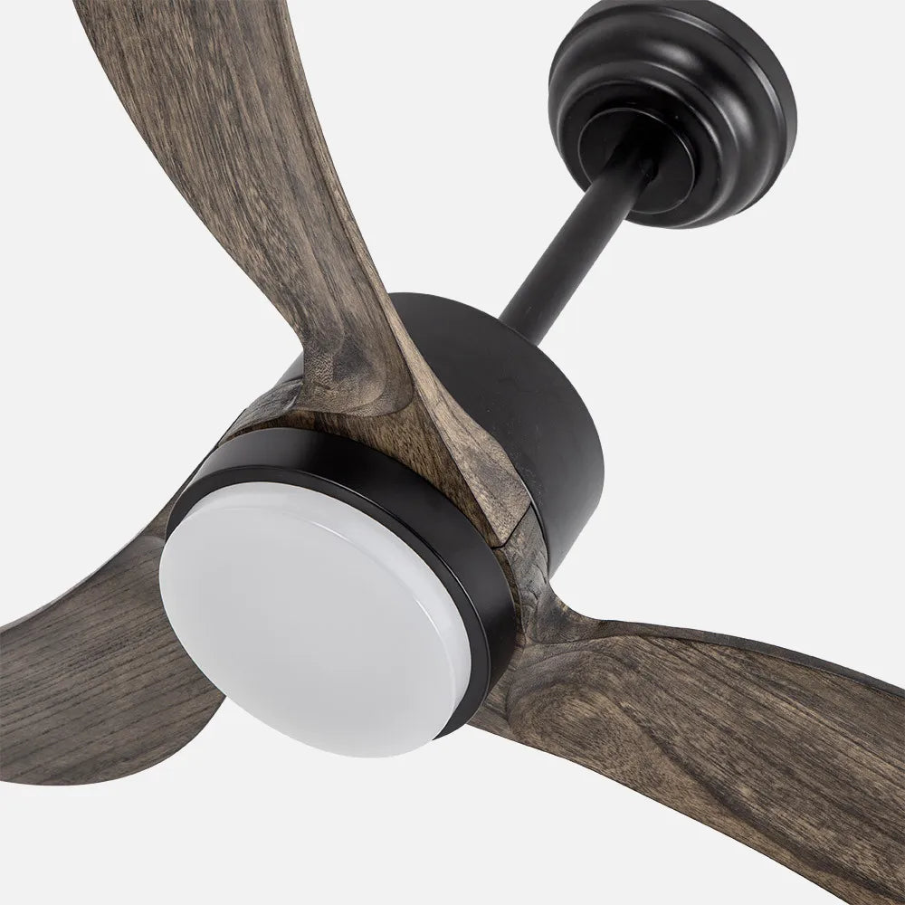 Ventilador de techo DC Bembézar 107 cm con luz LED de FABRILAMP en color negro/roble – vista de detalle