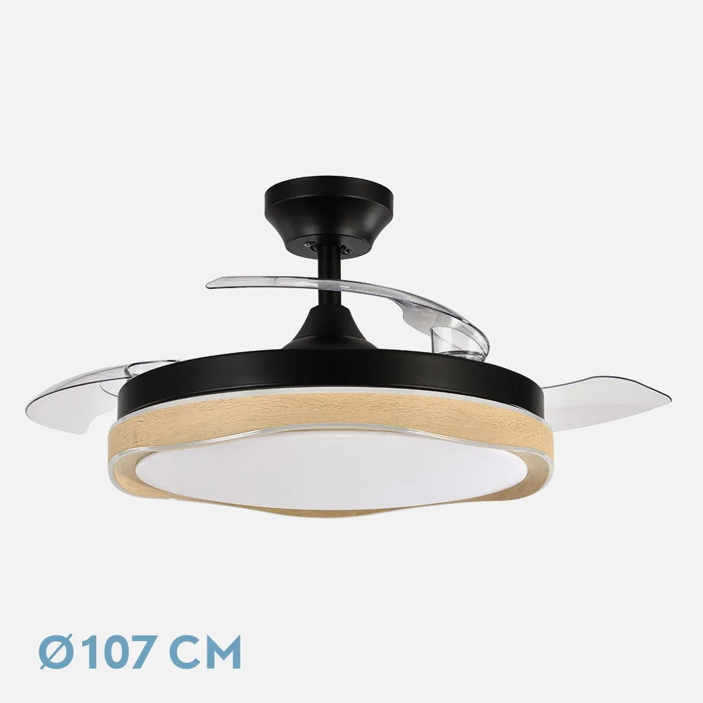 Ventilador de techo DC Blondi 107 cm con aspas retráctiles y luz LED de FABRILAMP en color negro/madera – vista de detalle