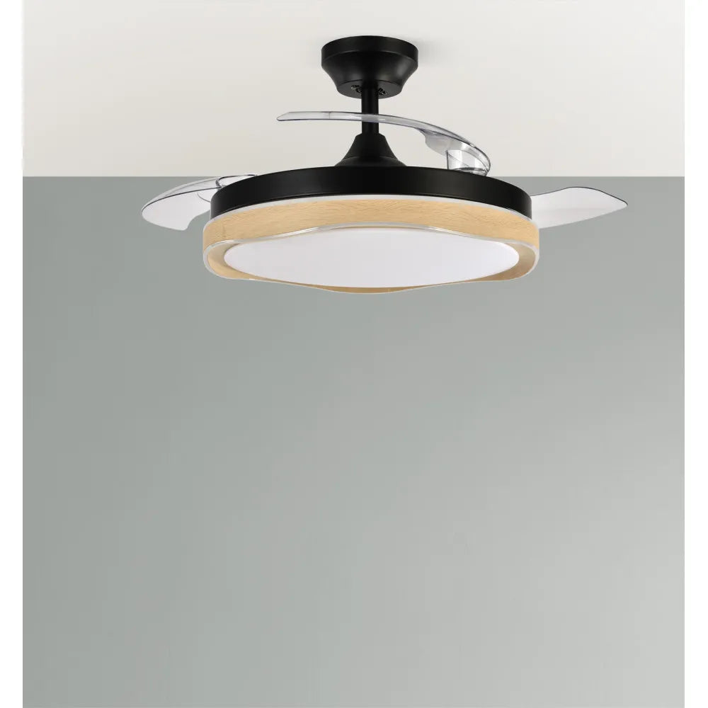 Ventilador de techo DC Blondi 107 cm con aspas retráctiles y luz LED de FABRILAMP en color negro/madera – vista de detalle