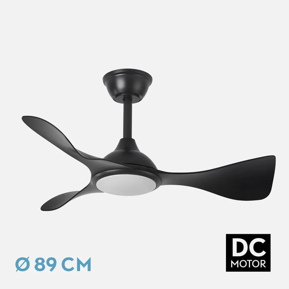 Ventilador de techo DC Caimán 89 cm con luz LED de FABRILAMP en color negro – vista de detalle