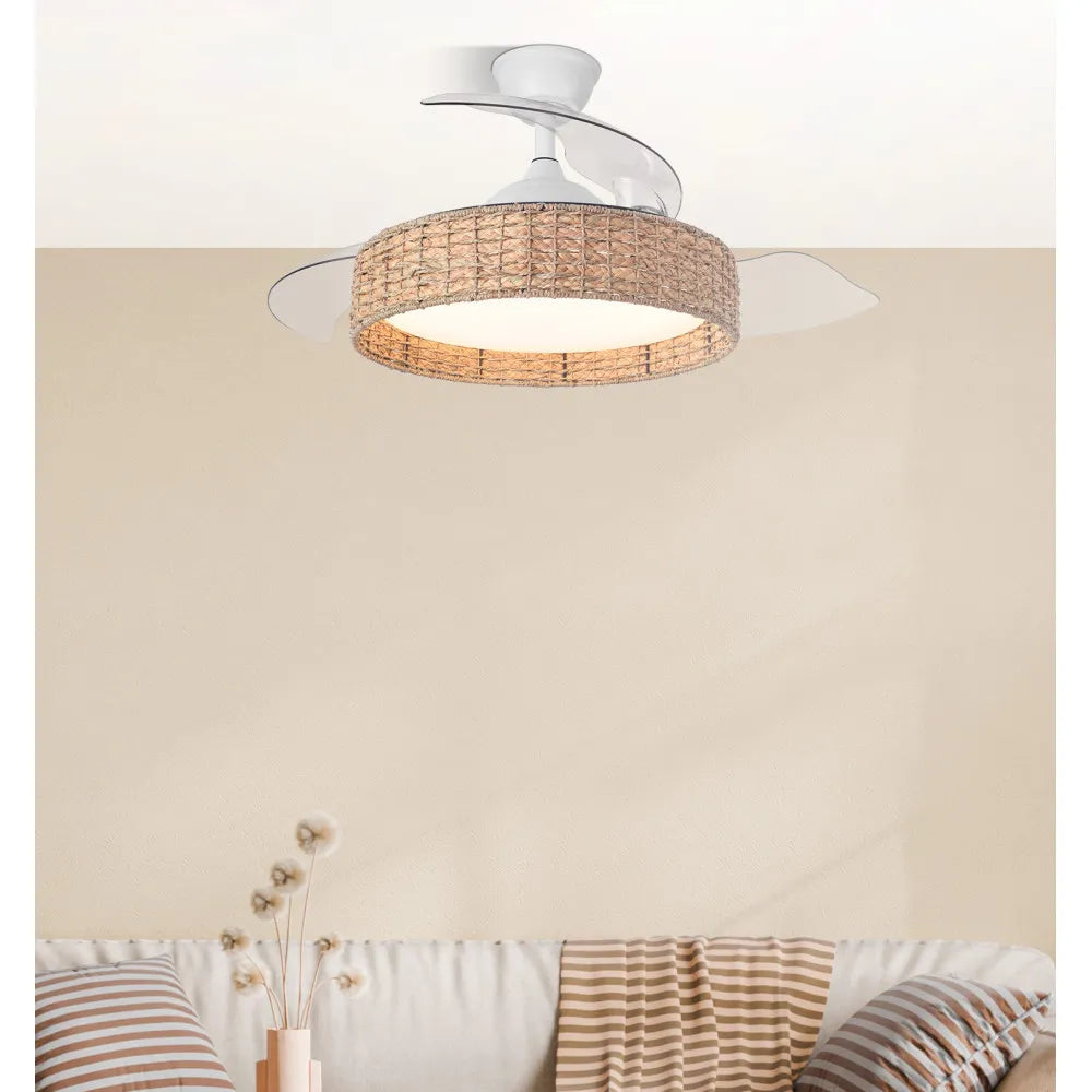 Ventilador de techo DC Canario 107 cm con aspas retráctiles y luz LED de FABRILAMP en color blanco/natural – vista de detalle