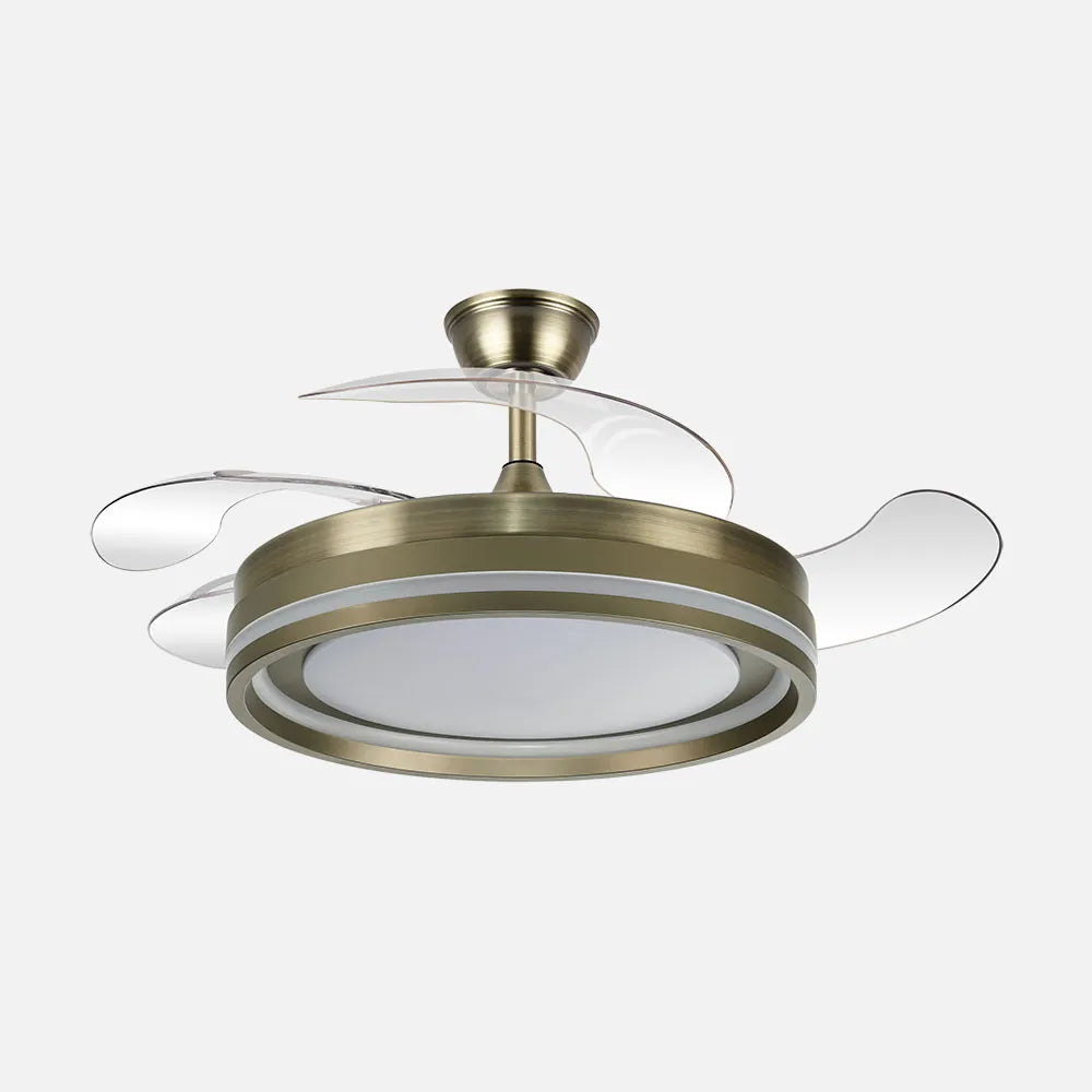 Ventilador de techo DC Cerrato 107 cm con aspas retráctiles y luz LED de FABRILAMP en color cuero