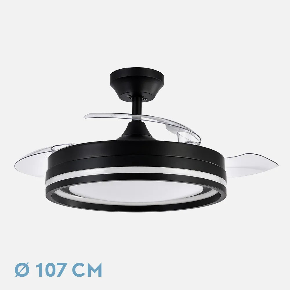 Ventilador de techo DC Cerrato 107 cm con aspas retráctiles y luz LED de FABRILAMP en color negro – vista de detalle