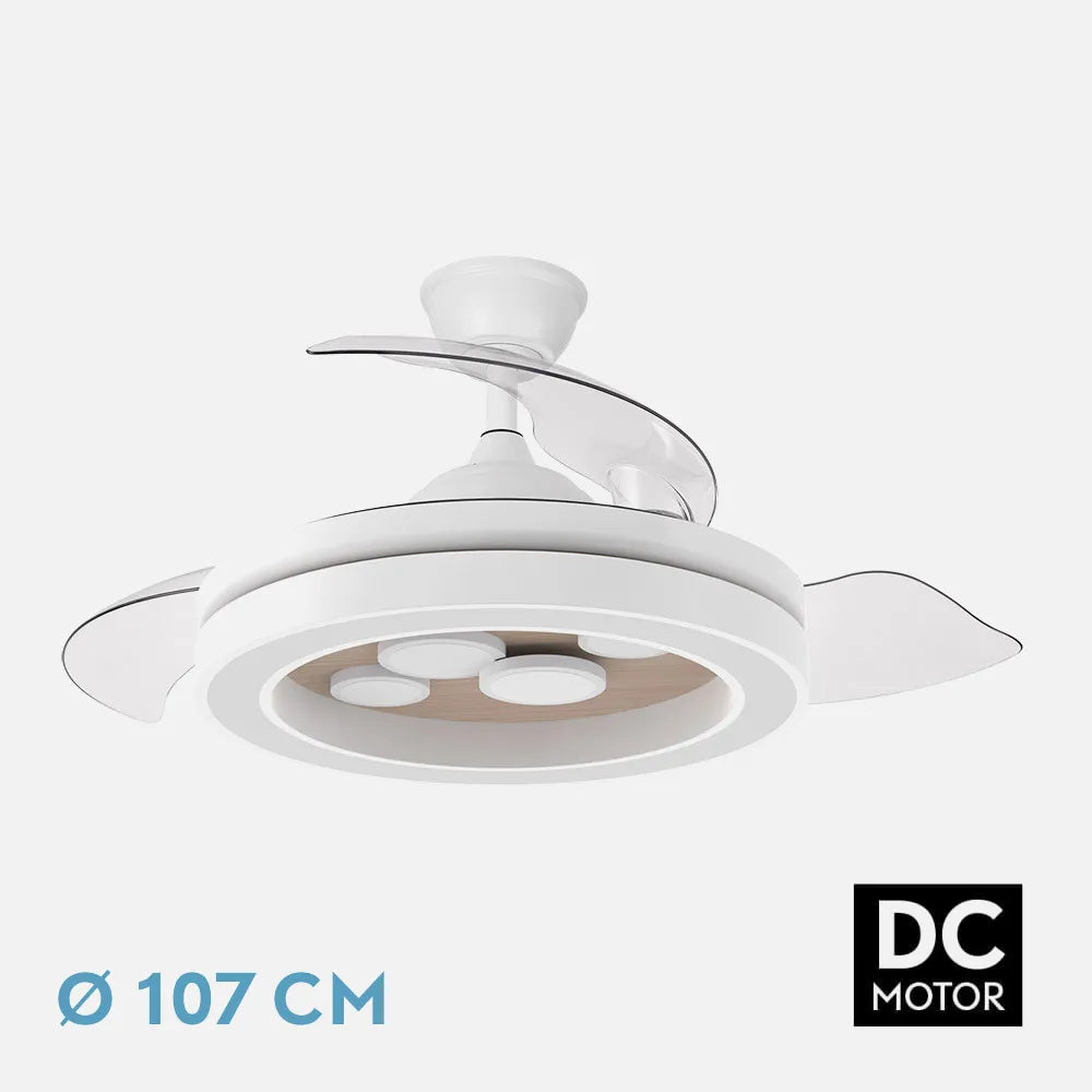 Ventilador de techo DC Cupido 107 cm con aspas retráctiles y luz LED de FABRILAMP en color blanco/haya – vista de detalle