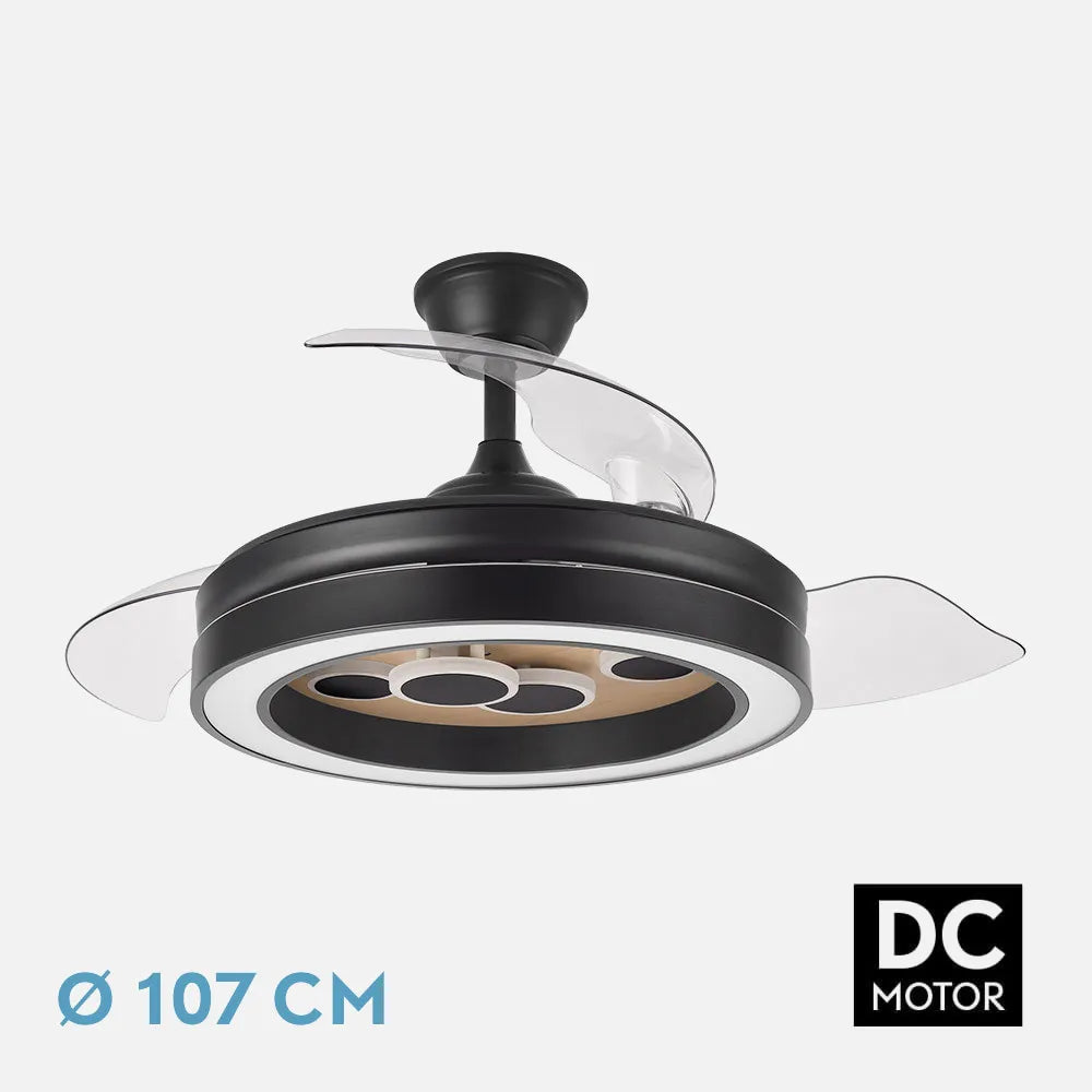 Ventilador de techo DC Cupido 107 cm con aspas retráctiles y luz LED de FABRILAMP en color negro/madera – vista de detalle