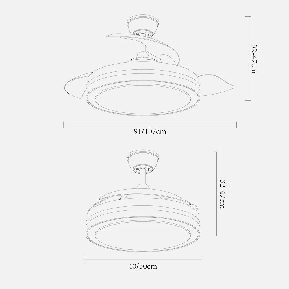 Ventilador de techo DC Esparta 91 cm con aspas retráctiles y luz LED de FABRILAMP en color blanco – vista de detalle