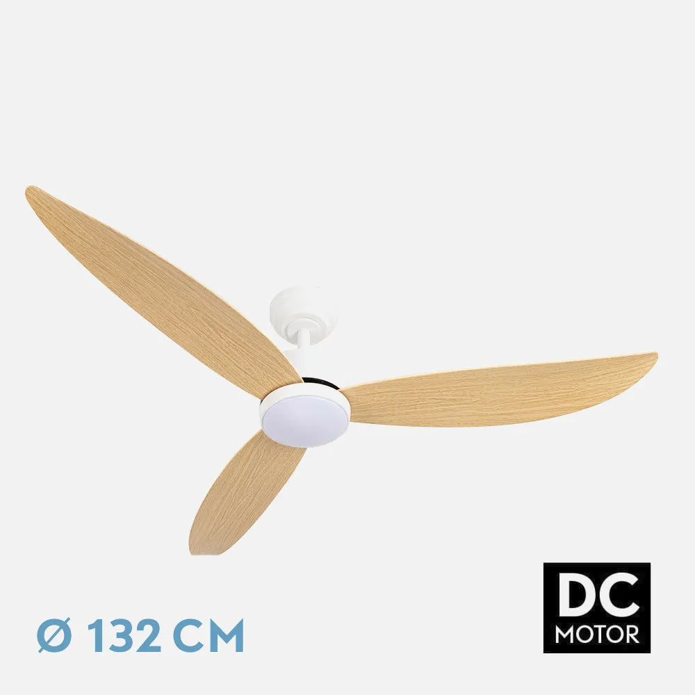Ventilador de techo DC Genil 132 cm con luz LED de FABRILAMP en color blanco/haya – vista de detalle