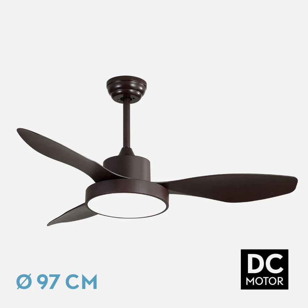 Ventilador de techo DC Hayate 97 cm con luz LED de FABRILAMP en color marrón – vista de detalle