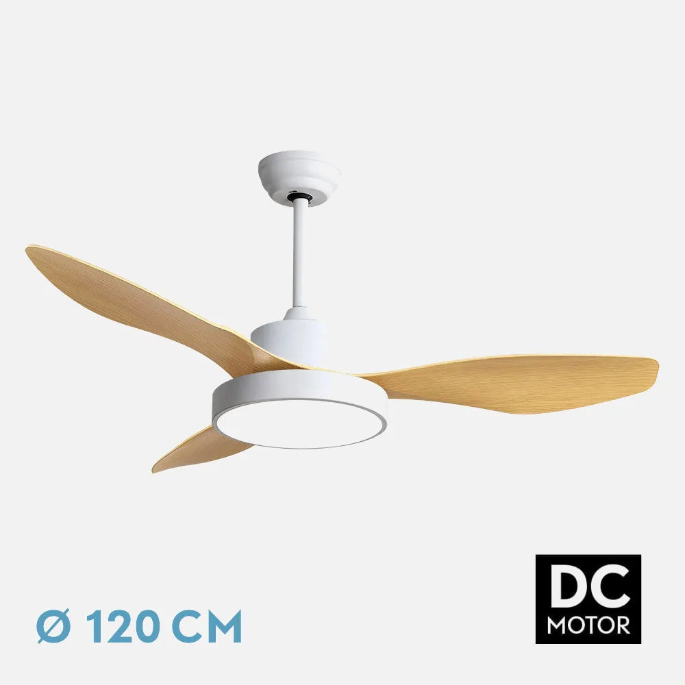 Ventilador de techo DC Hayate 120 cm con luz LED de FABRILAMP en color blanco/haya – vista de detalle