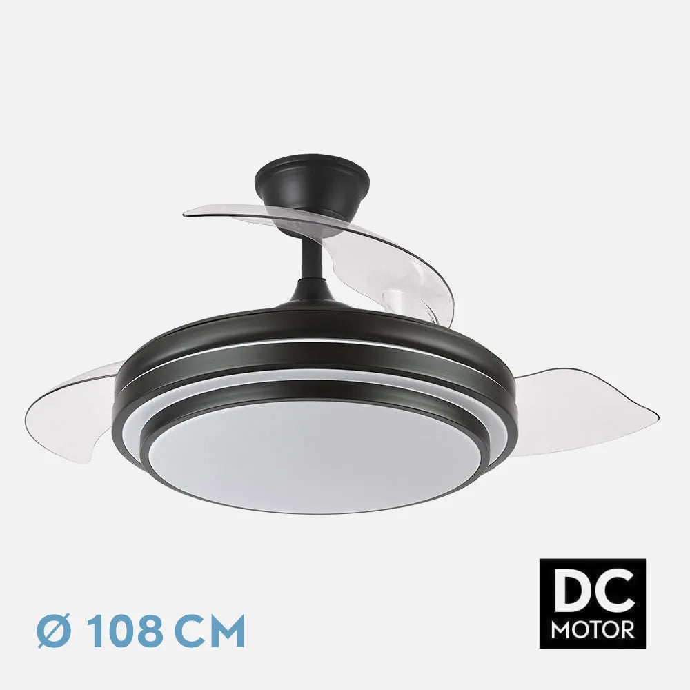 Ventilador de techo DC Ibe 107 cm con aspas retráctiles y luz LED de FABRILAMP en color negro – vista de detalle