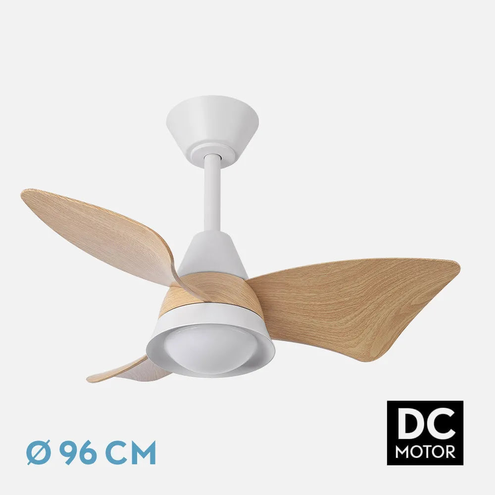 Ventilador de techo DC Jaguar 96 cm con luz LED de FABRILAMP en color blanco/haya – vista de detalle