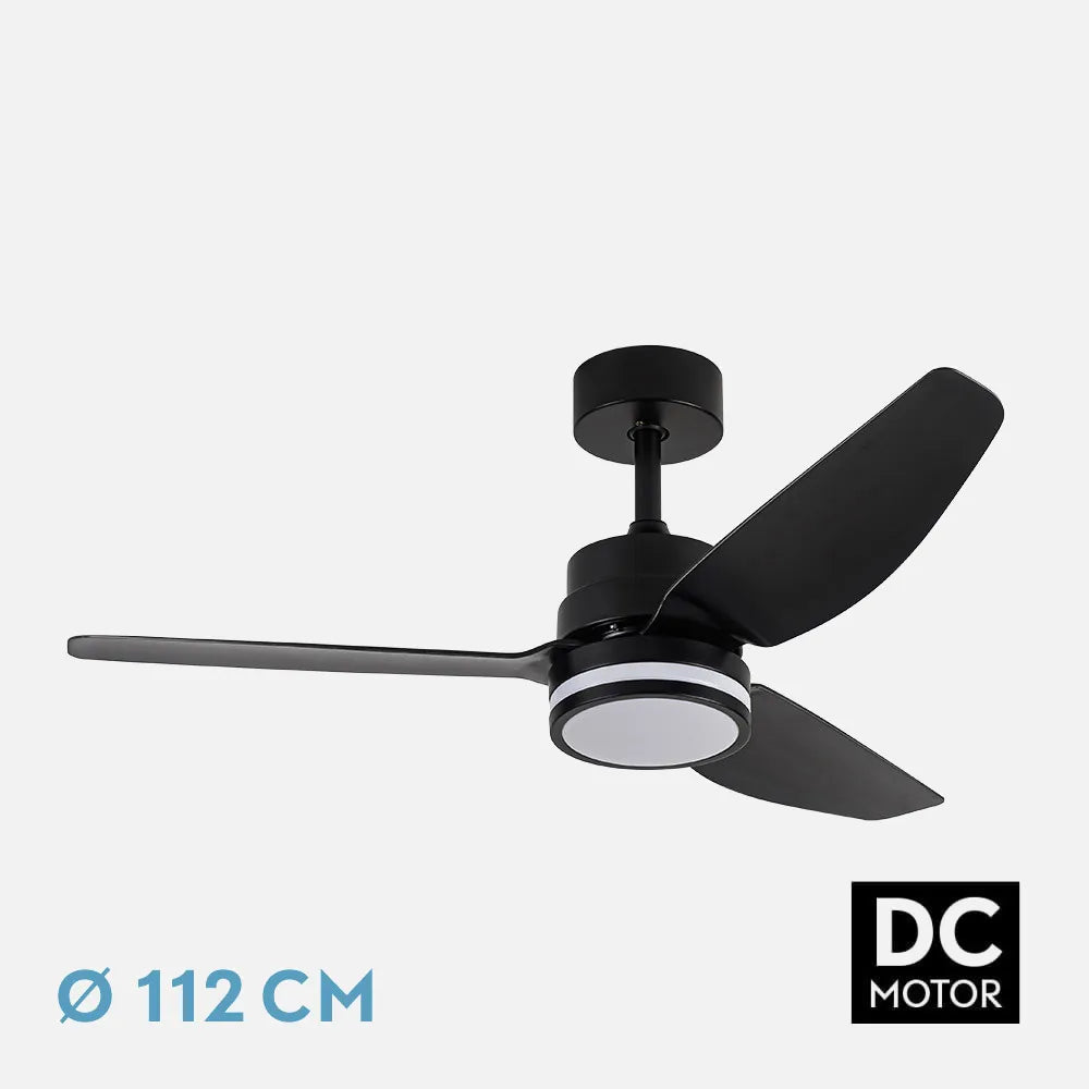 Ventilador de techo DC Jarama 112 cm con luz LED de FABRILAMP en color negro – vista de detalle