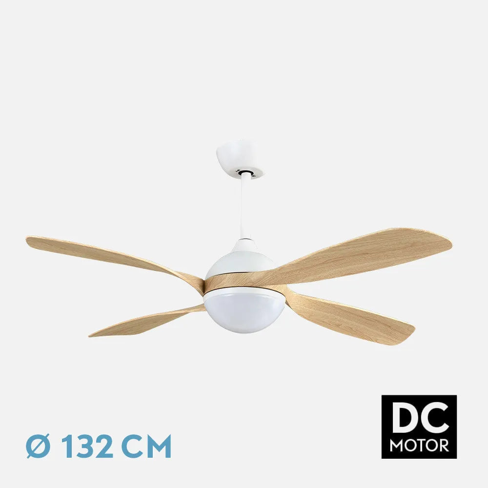 Ventilador de techo DC Livorno 132 cm con luz LED de FABRILAMP en color blanco/haya – vista de detalle