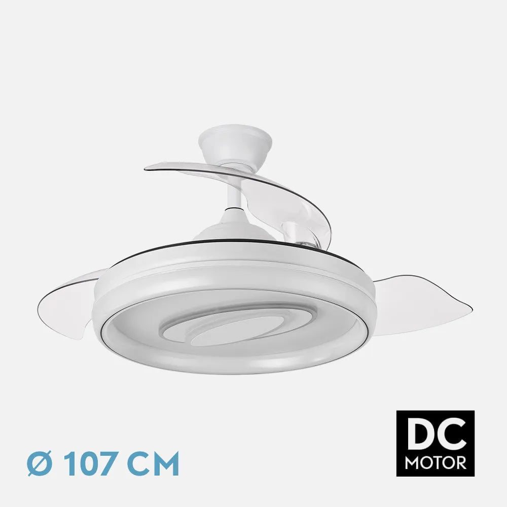 Ventilador de techo DC Maracaná 107 cm con aspas retráctiles y luz LED de FABRILAMP en color blanco – vista de detalle