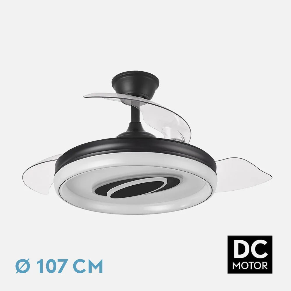 Ventilador de techo DC Maracaná 107 cm con aspas retráctiles y luz LED de FABRILAMP en color negro – vista de detalle